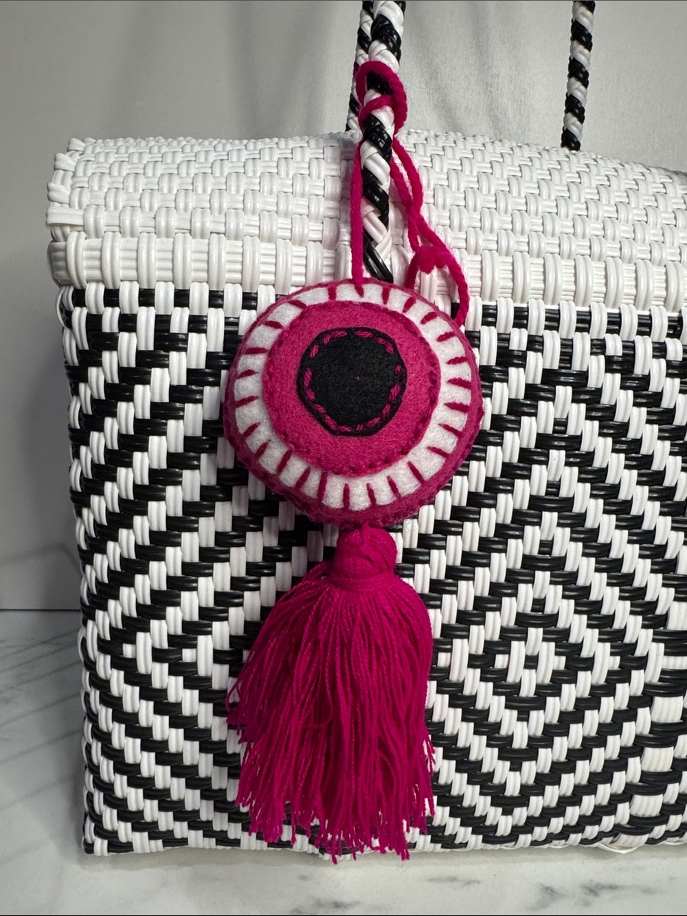 Evil eye fuchsia Felt Tassel Bag Charm for bag handmade Mexico